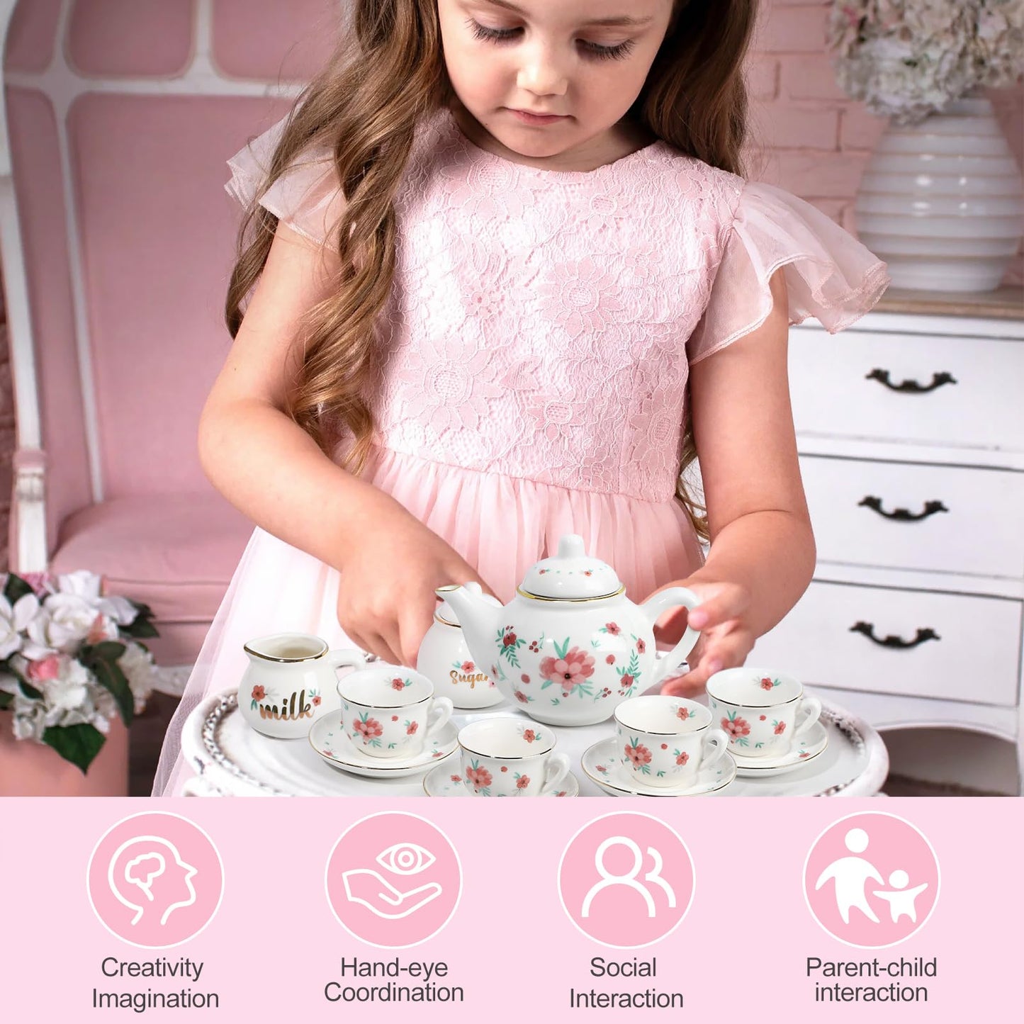 Porcelain Tea Set for Girls, Tea Party Set for Little Girls, Kids Tea Set Kitchen Pretend Play, Princess Tea Time Playset with T