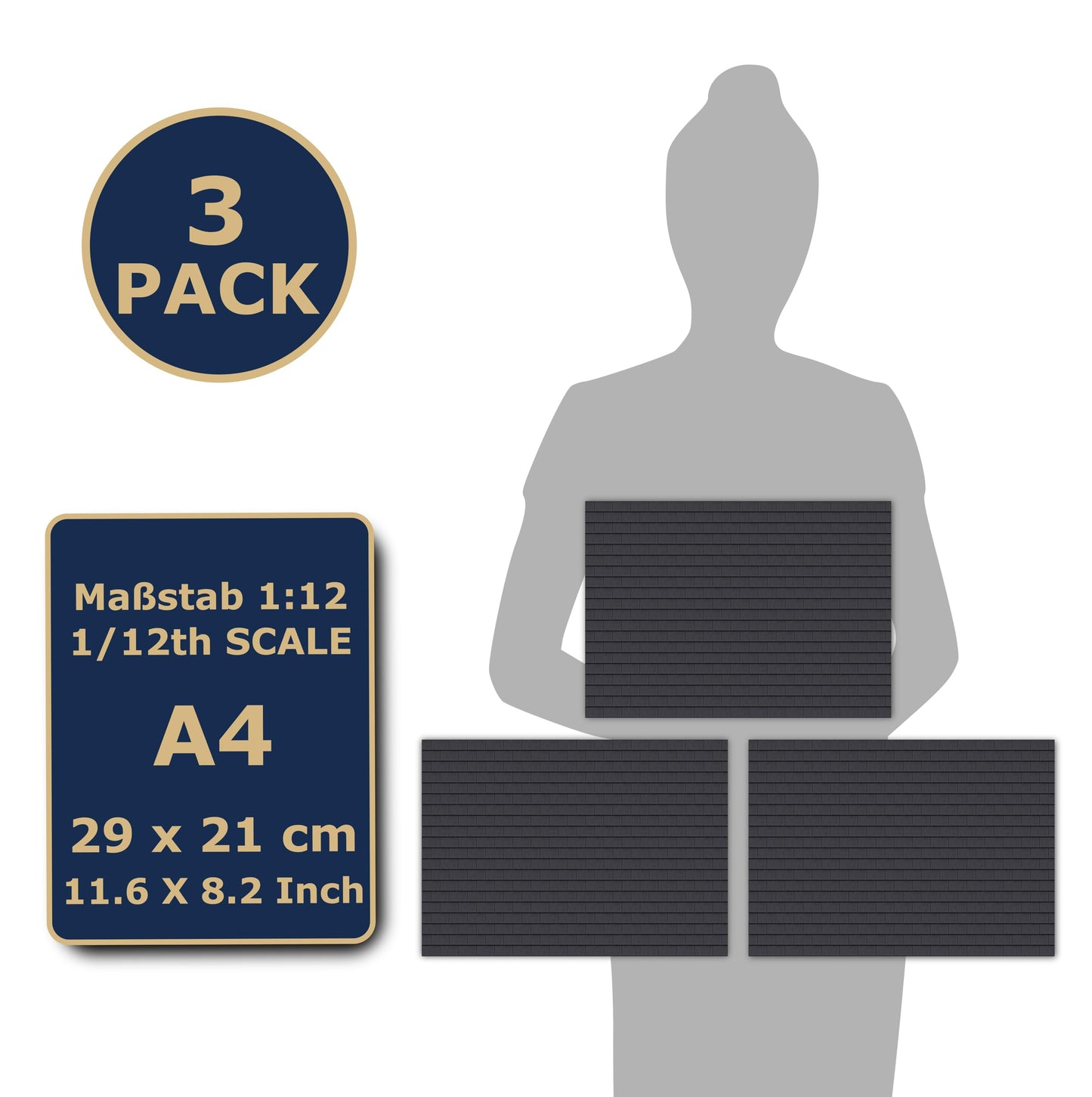3 Sheets Self-Adhesive Roof Tiles and Shingles for Dollhouses Scale 1:12 (Roof Shingles Black Rectangular)