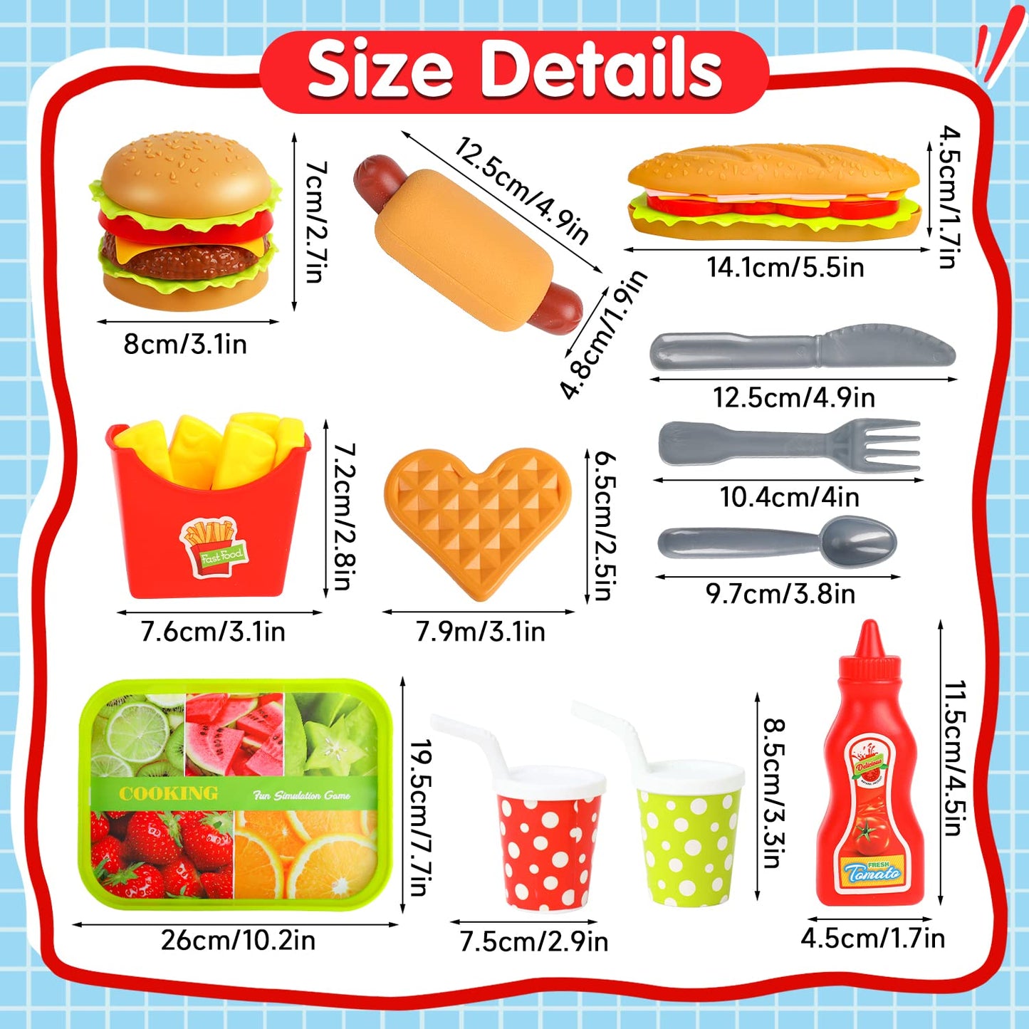 FINGOOO Pretend Play Food Set, Hamburger Fries Pizza Popcorn Toys Role Play Take Apart Educational Gift for Kids Boys Girls