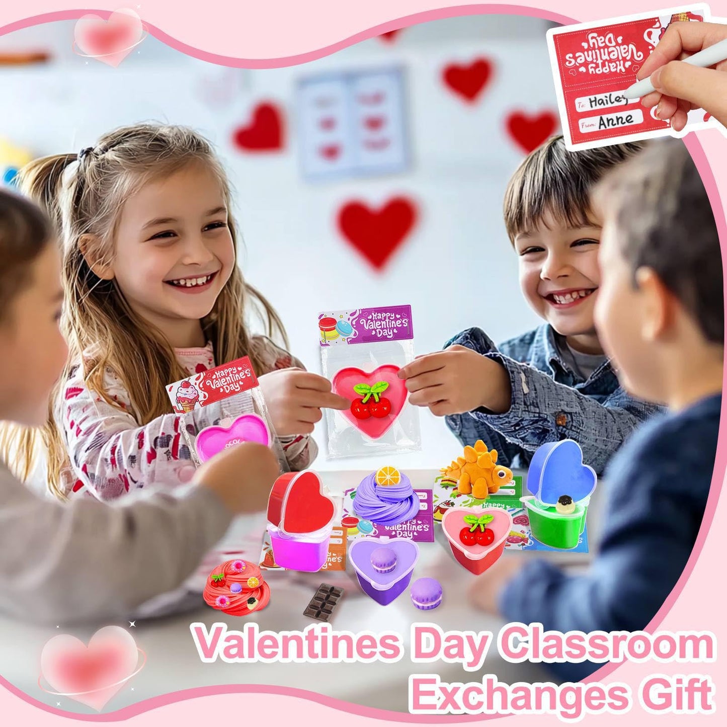28 Pack Valentines Heart Cup Butter Slime With 7 Style Charms Valentine'S Cards, Valentines Day Gifts For Kids Soft & Non-Sticky
