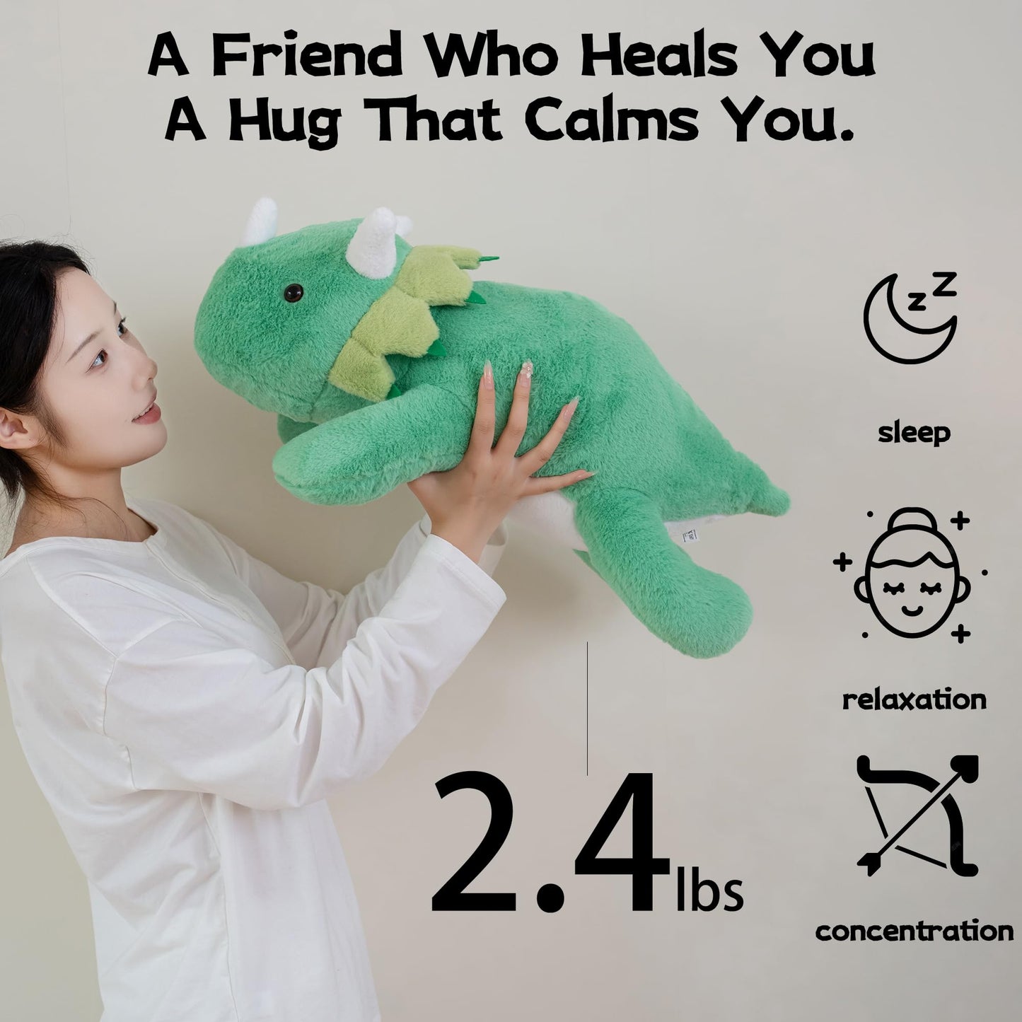 Gudisi Weighted Dinosaur Plush Toy, 15.7 Inch Green Dino, Huggable Cotton Stuffed Animal for Kids & Adults, Gift for All Occasions