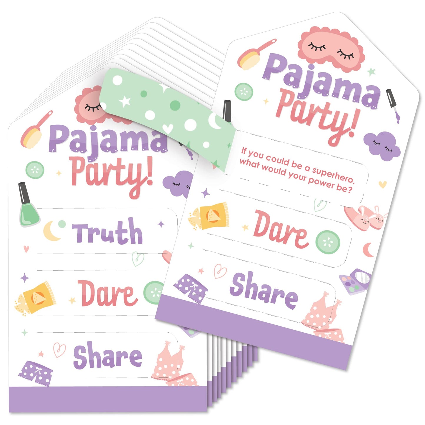 Big Dot Of Happiness Pajama Slumber Party - Girls Sleepover Birthday Party Game Pickle Cards - Truth, Dare, Share Pull Tabs - Set Of 12