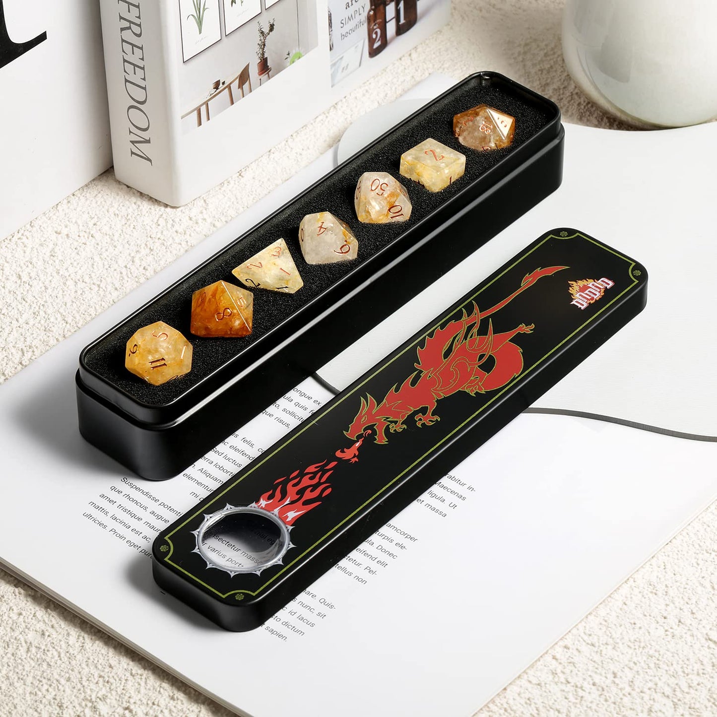 DNDND Yellow Calcite Dungeons and Dragos Dice Set 7 PCS Stone D&D Die with Grogeous Gift Case for DND Tabletop Game (Yellow Calc