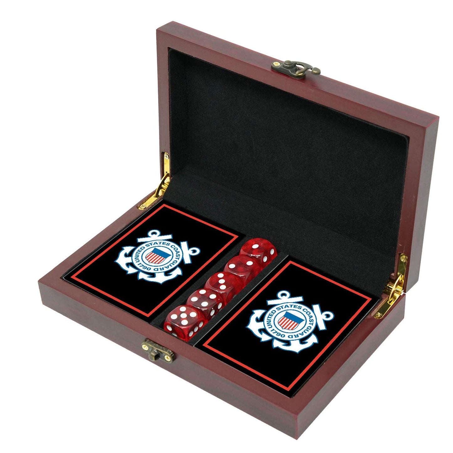 Military Gift Shop Uscg Playing Cards With Dice - Wooden Keepsake Box Adorned With Metal Uscg Medallion.- Veteran Owned Business