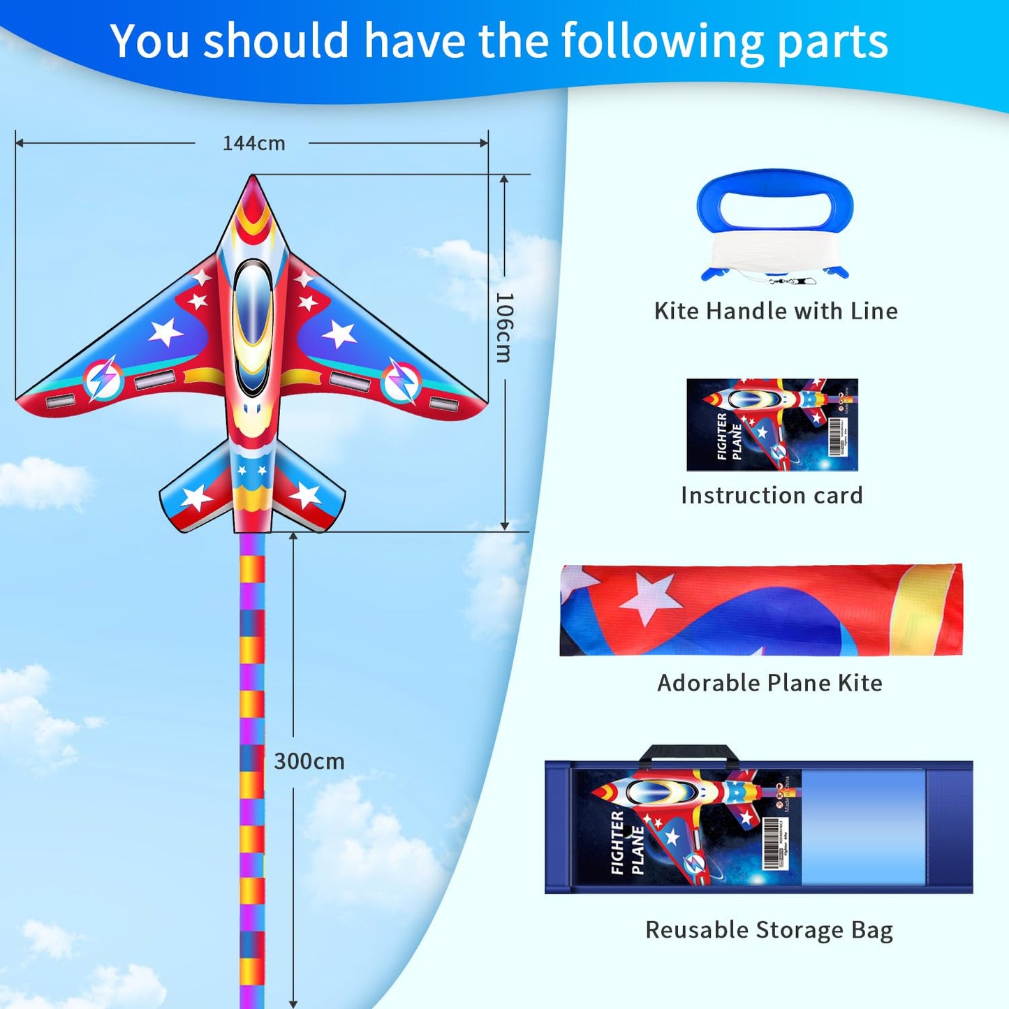 Xida Airplane Kite For Adults, Easy To Fly Fighter Kites For Kids Ages 4-8, Beginner Kite For Boys And Girls, Kite Handle And Li