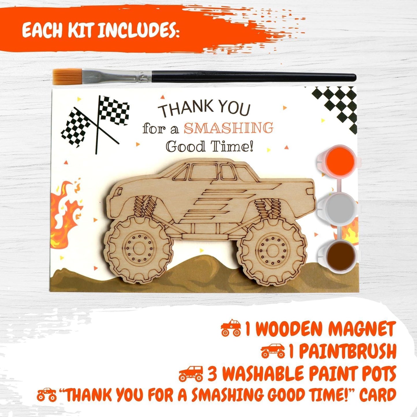 BOIKOKY Monster Truck Party Favors - 12 Wooden Cutouts with Magnets, 2" Orange/Brown/Gray/Black for Kids' Birthday Gifts & Decorations