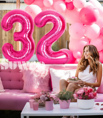 Suwen 40 Inch Large Hot Pink 32 Balloon Numbers Big Foil Helium Number Balloons 0-9 Jumbo Happy 32Nd Mylar Birthday Party Decora