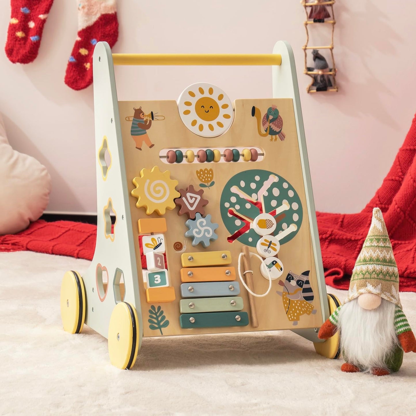 Robud Wooden Baby Walker, Baby Push Walker With Activity Center And Storage For Boys And Girls Learning To Stand And Walk