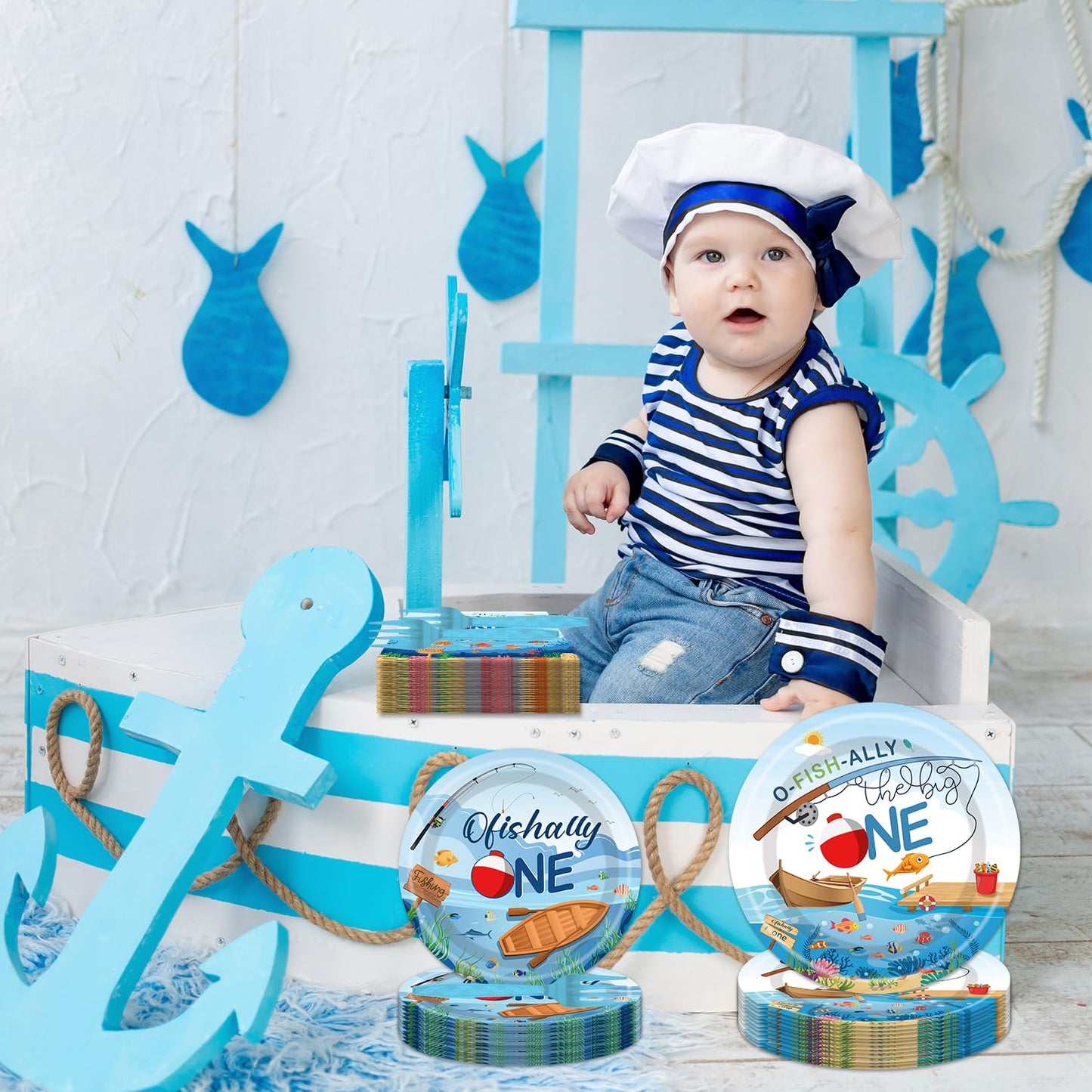 Ofishally One Birthday Party Decorations- 96PCS O Fishally One Plates and Napkins Party Supplies Fishing First Birthday Decorati