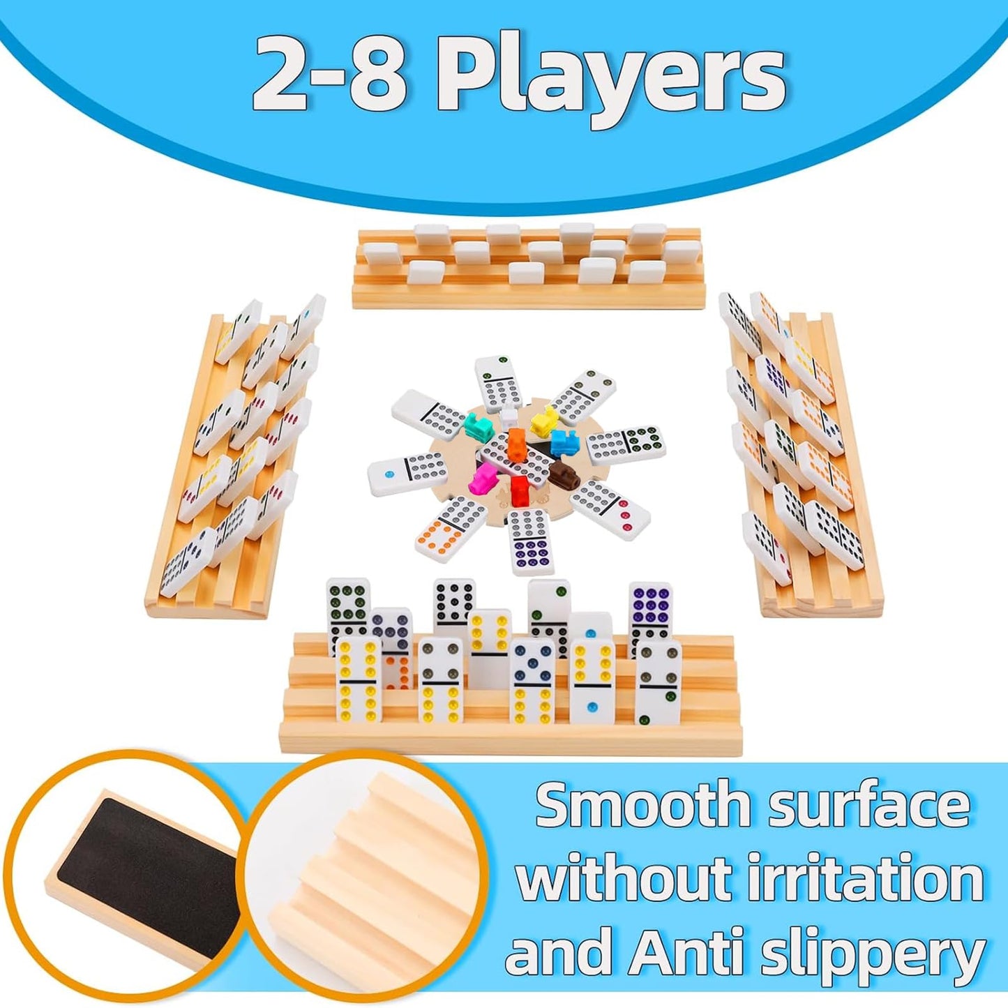 Upgraded Mexican Train Dominoes Set With Wooden Hub And 8 Racks/Trays,Double 12 Dominos Set For Kids, Adults Travel Domino Train