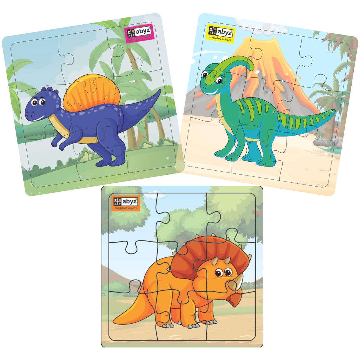 ABYZ Wooden Jigsaw Puzzle  Dinosaurs Playset for Fun Educational & Little Explorers, 9Pieces & Set of 3 Fun Games with Multico