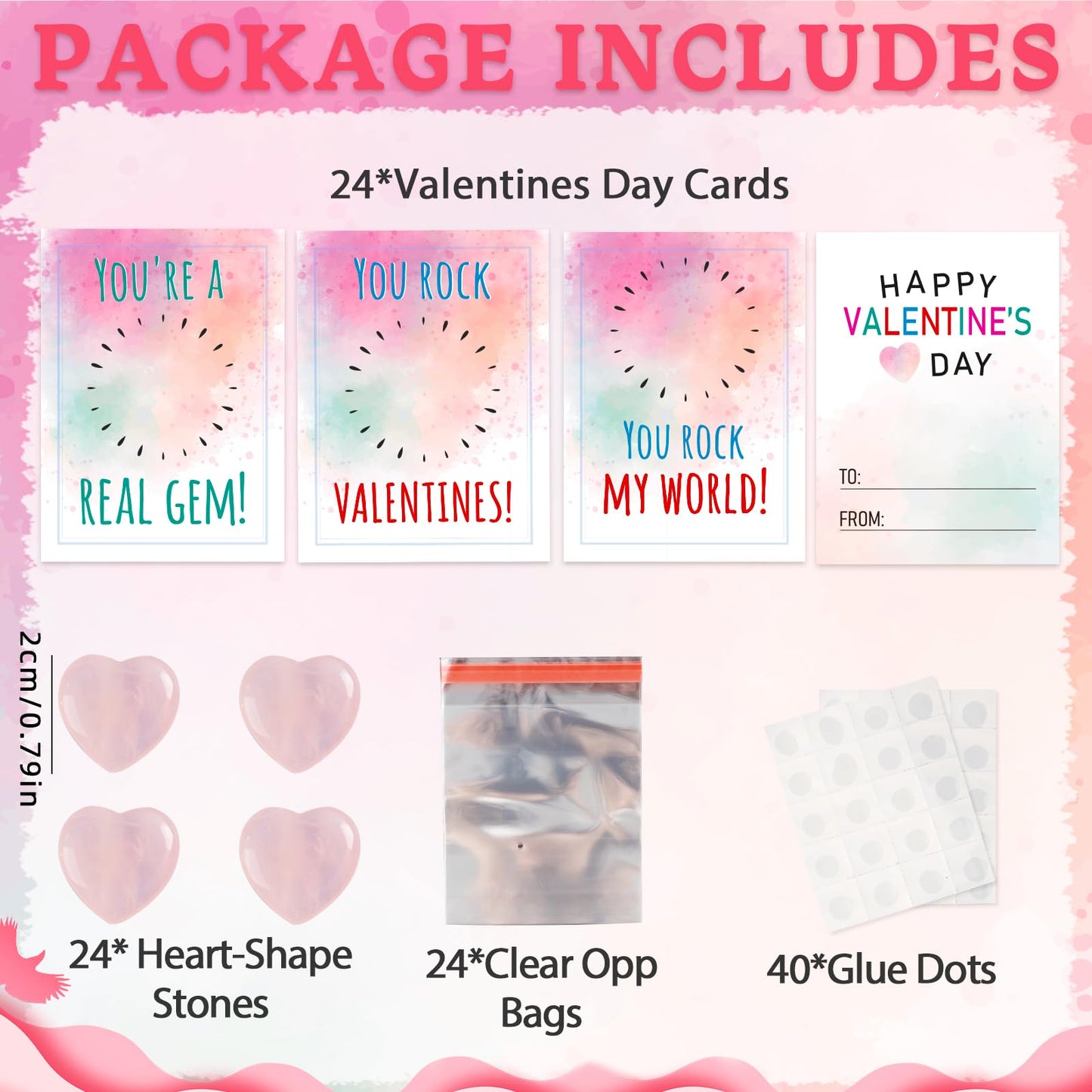 Valentines Day Gifts for Kids - 24 Pack Valentines Cards with Pink Heart Shaped Plastic Stones for Boys Girls Toddlers Valentine