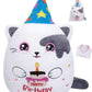 Birthday Stuff Cat Plush Gift - Adorable Blue White Cat Stuffed Doll, Cute Birthday Hat And Cake, Soft Huggable For Kids' Gifts,