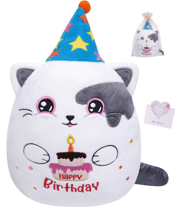 Birthday Stuff Cat Plush Gift - Adorable Blue White Cat Stuffed Doll, Cute Birthday Hat And Cake, Soft Huggable For Kids' Gifts,
