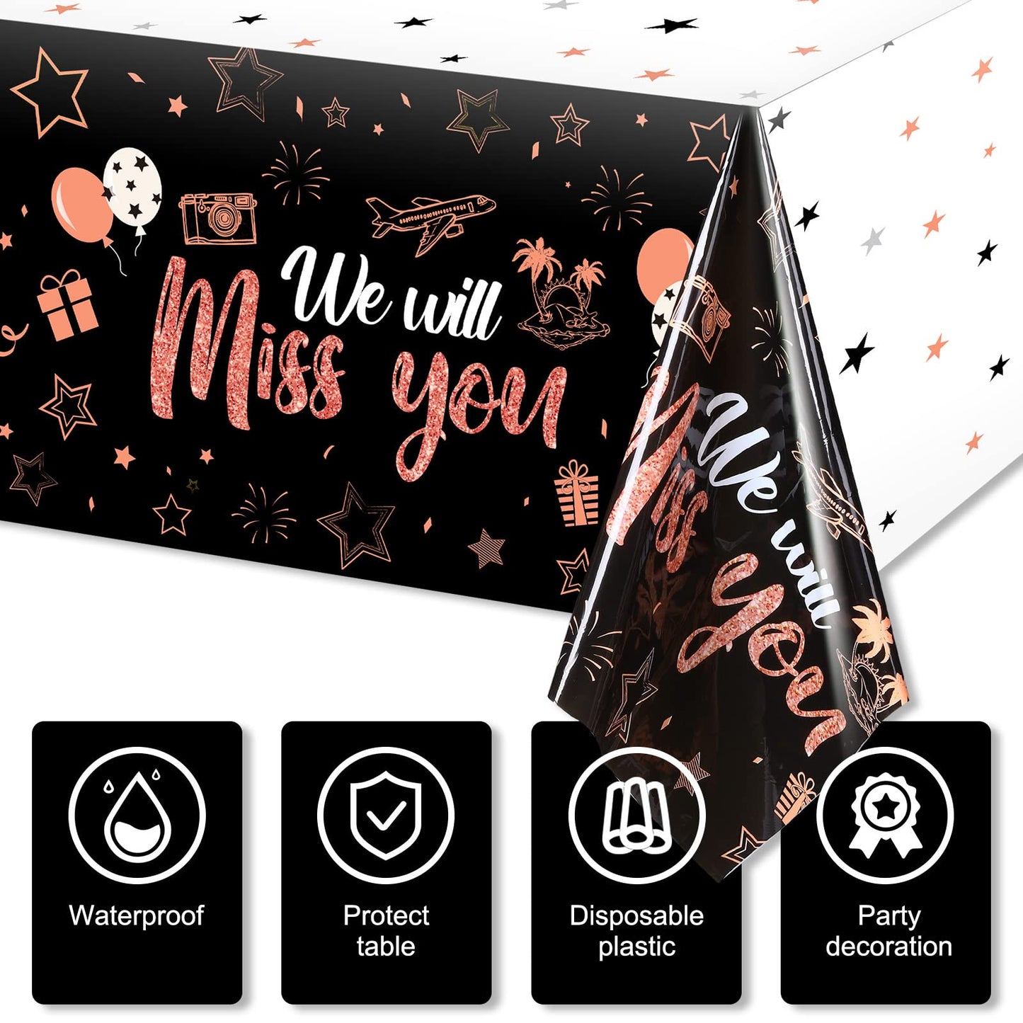 3 Pieces We Will Miss You Tablecloth Going Away Party Decorations Retirement Themed Table Cover Stars Disposable Plastic Table Cloth For Farewell Anniversary Party Supplies (Rose And Gold)