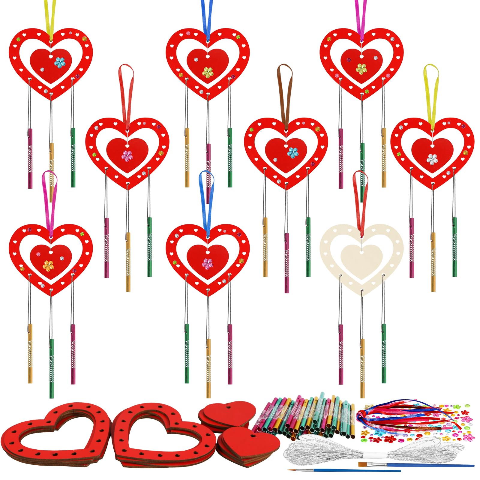 Fennoral 9 Pack Heart Wind Chime Kit For Kids Make You Own Red Heart Wind Chimes Mother'S Day Wooden Ornaments For Kids Art And