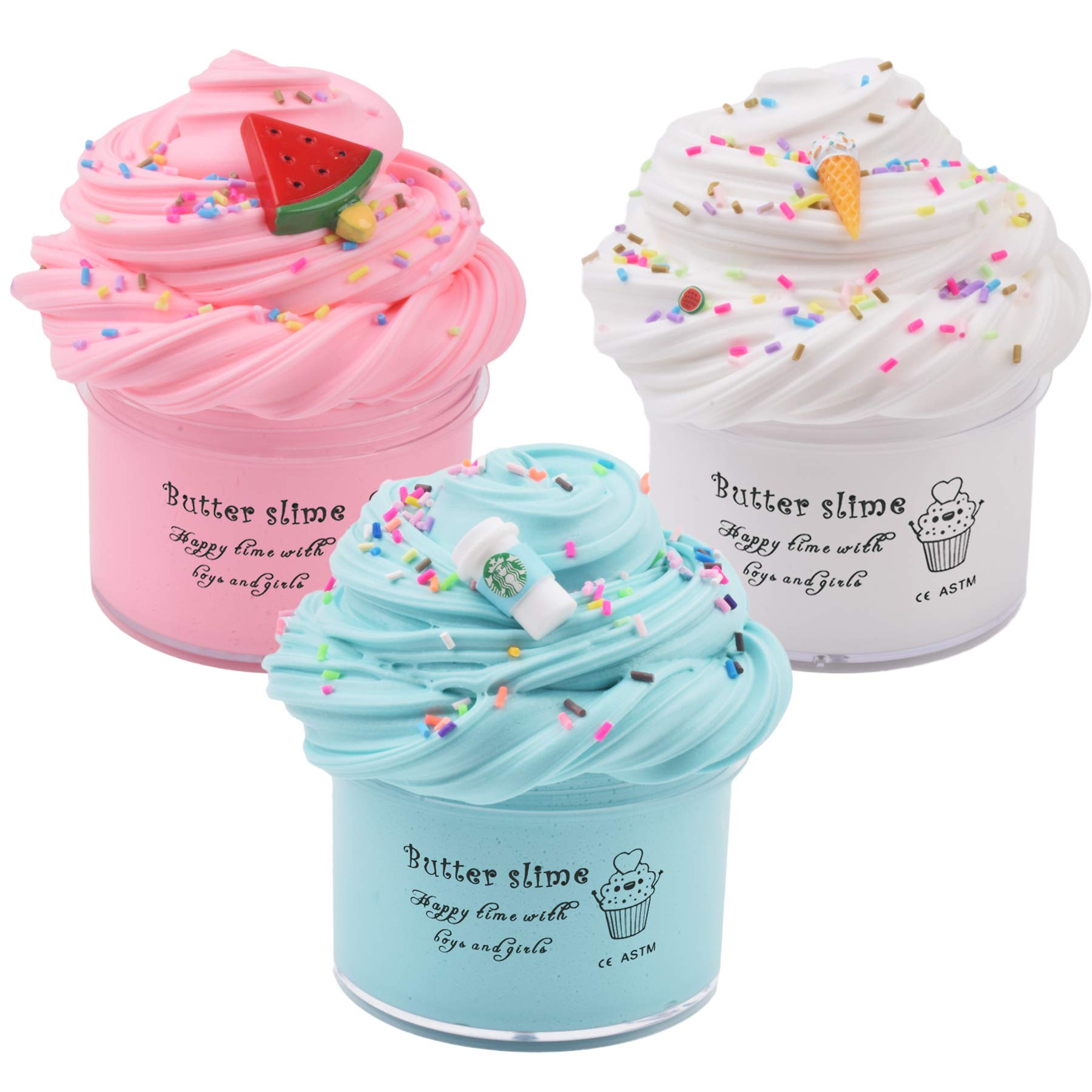 WUHUANIU Scented Slime Kit with 3 Pack Butter Slime Pink Watermelon White Ice Cream and Ocean Coffee for Girls and Boys Super Soft and Non Sticky DIY Surprise Slime(3x100ml)