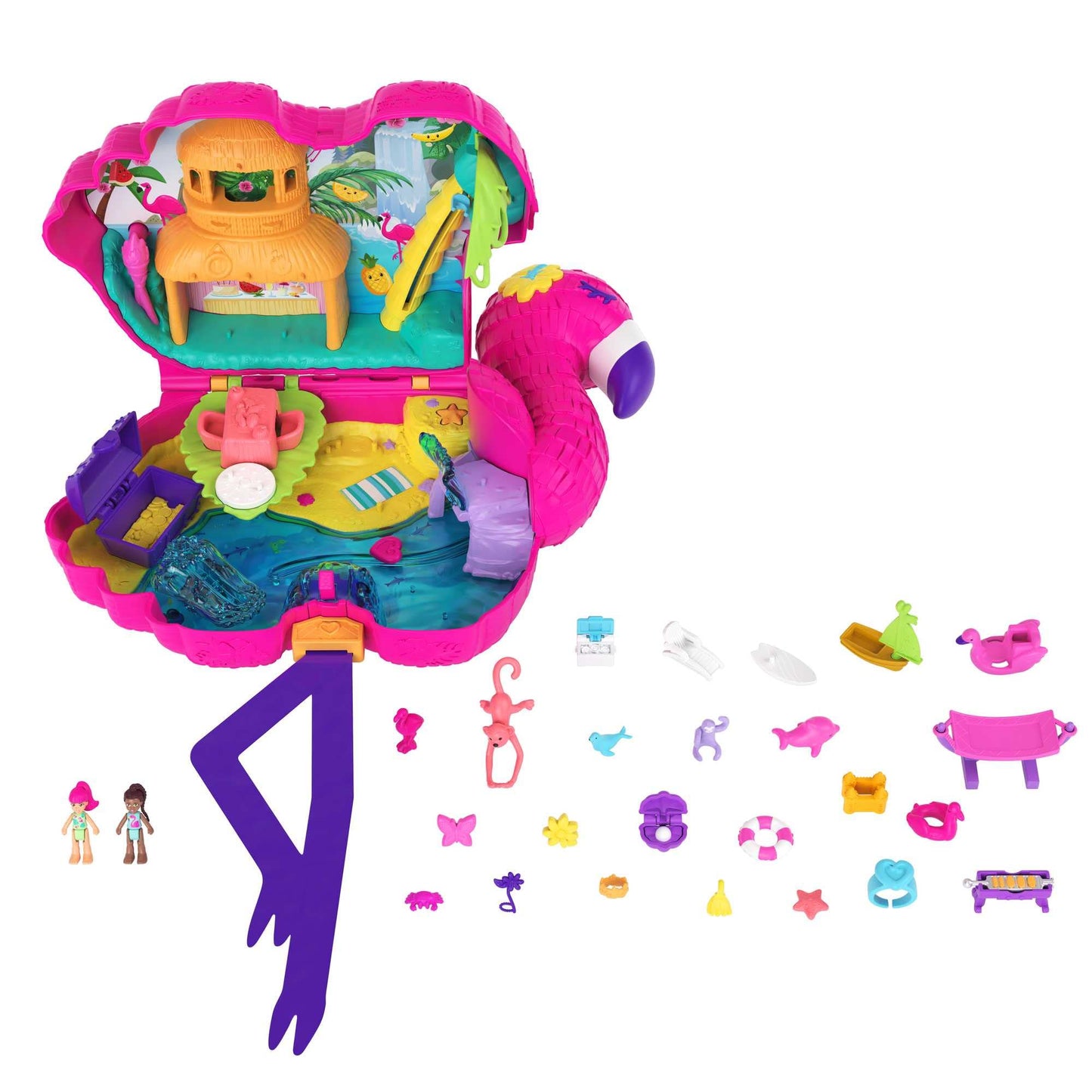Polly Pocket Travel Toy, Flamingo Party Playset with 2 Micro Dolls & 26 Surprise Accessories, Animal Toy Compact