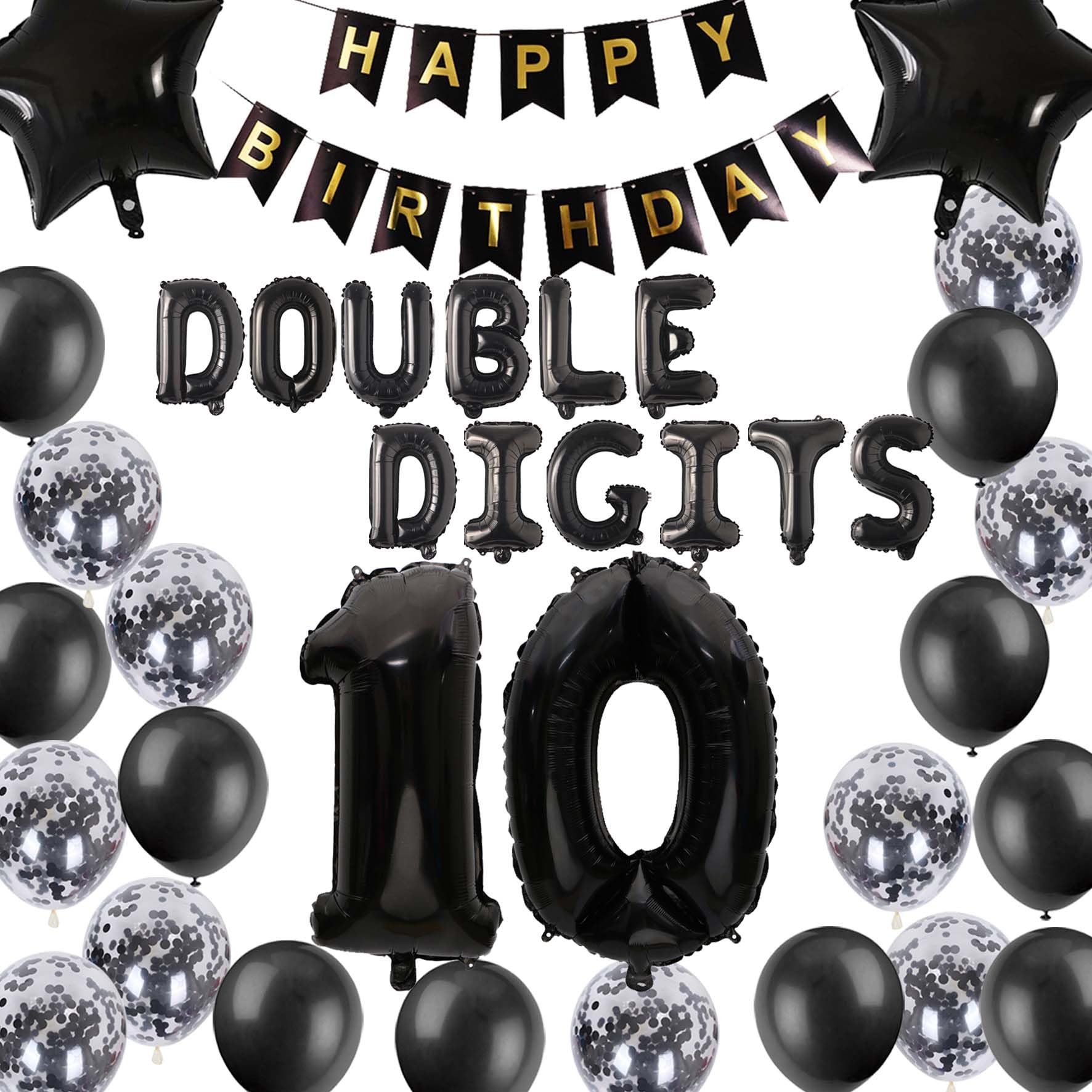 10Th Birthday Decorations For Boys, Double Digits 10Th Birthday Decoration, Black 10Th Birthday Banner Number 10 Foil Balloons W