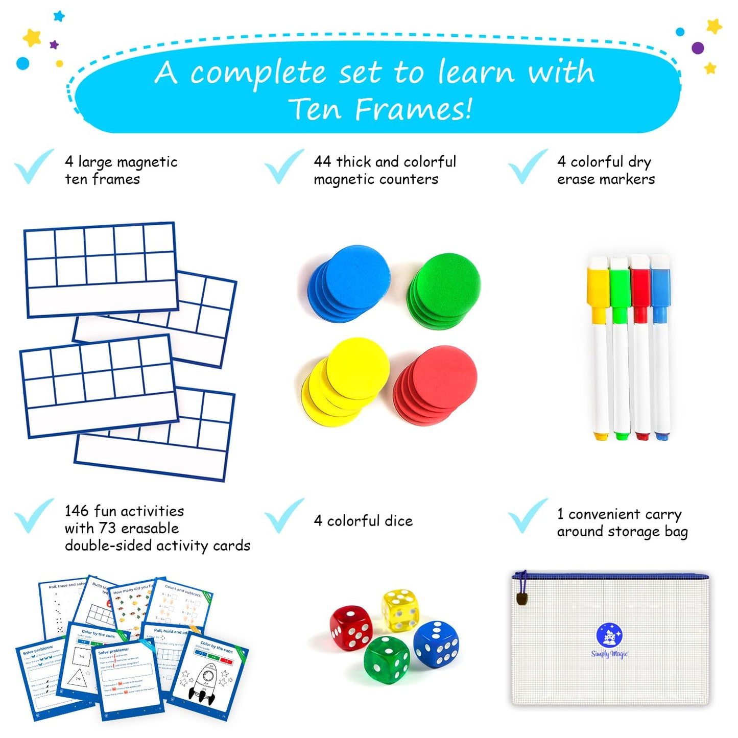 130 Pcs Jumbo Magnetic Ten Frame Set, Ten Frames Class Set, Math Manipulatives For Kindergarten, Prek, Preschool, Math Counters, Games For Kids, Magnetic Counters, Teacher And Homeschool Supplies