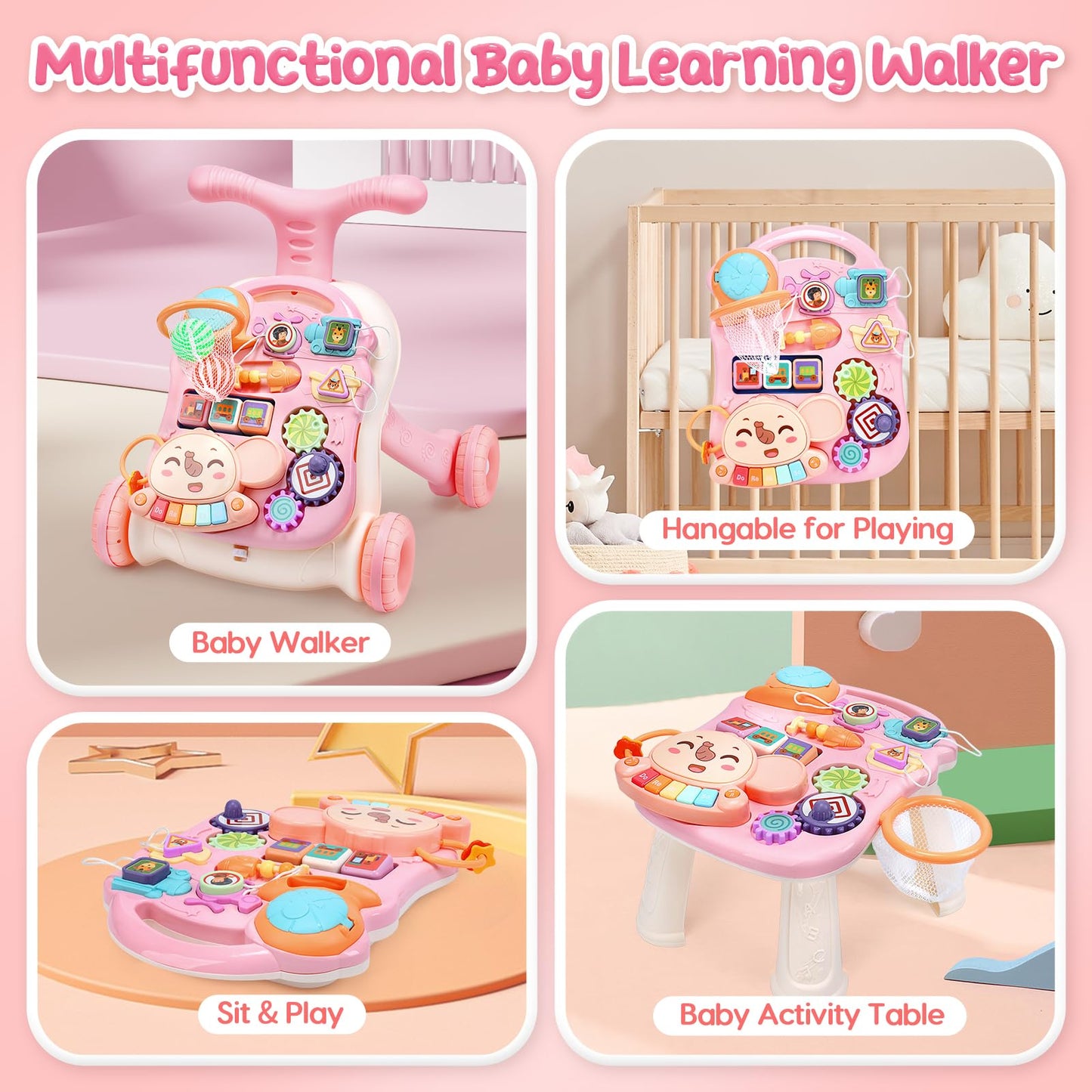 Cute Stone Baby Walker For Girls, 2 In 1 Sit To Stand Learning Walker And Activity Center, Learning To Walk, Early Push Walking Toys For Toddler Infant