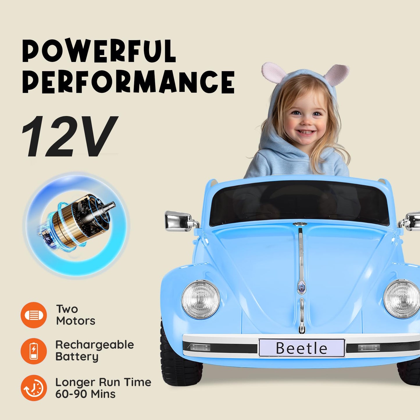 Xcar 12V Electric Car For Toddlers, Ride On Car With Remote Control, Led Light, 3 Speeds, Music, Bluetooth, 3-5 Years Old, Blue