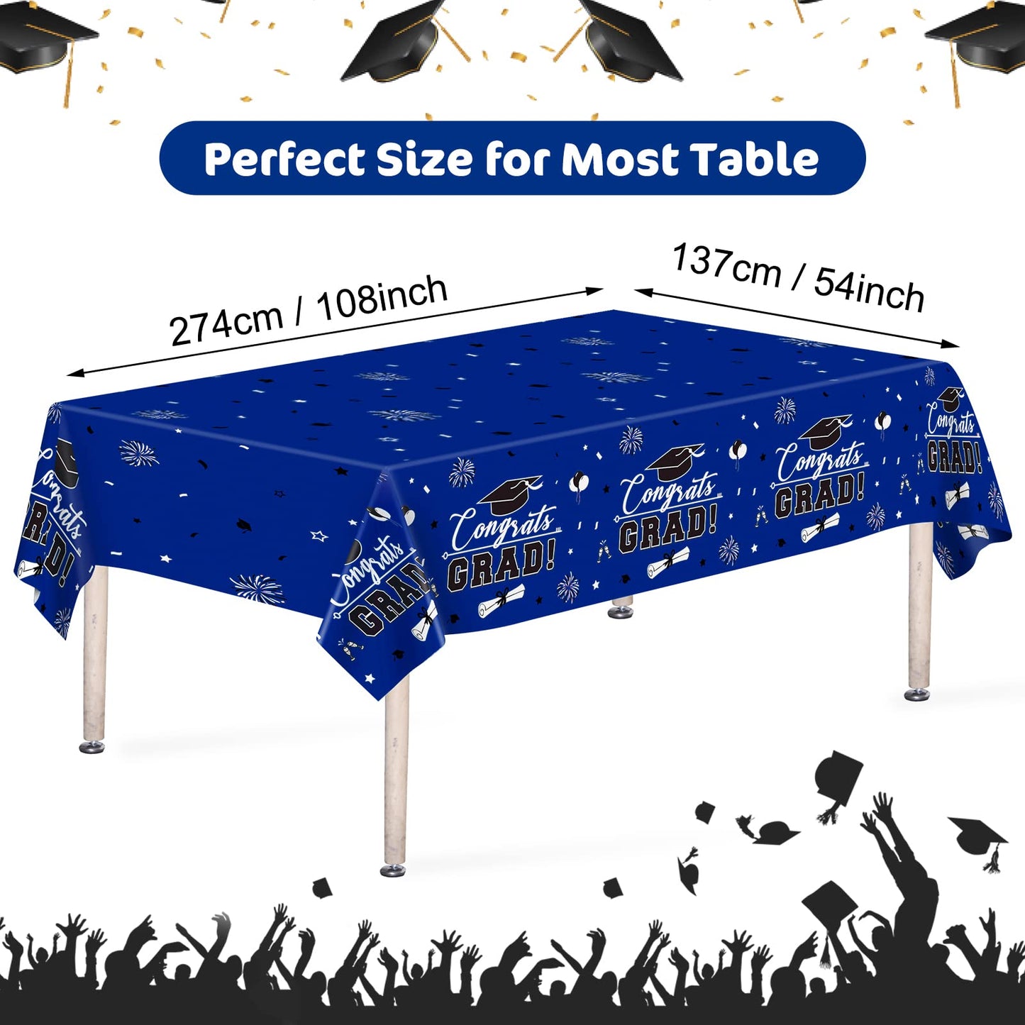 3 Pcs Graduation Tablecloth - Congrats Grad Table Cloth For Class Of 2024, Disposable Plastic Rectangle Grad Table Cover For Graduation Party Decorations 2024 And Party Supplies, 54 X 108 Inch (Blue)
