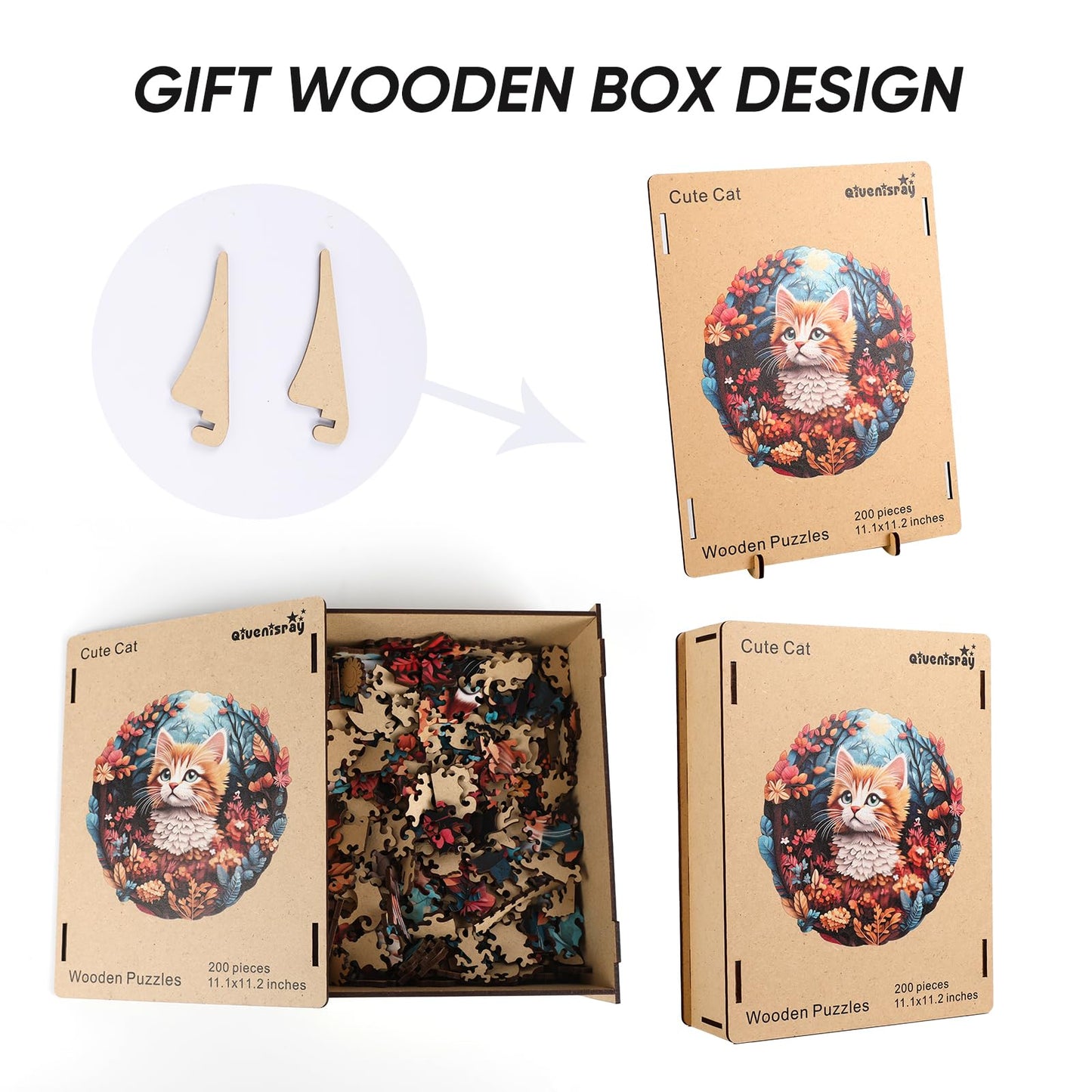 Wooden Puzzles For Mom - 3D Vision Effect Flower And Cat Wooden Puzzle 200 Pcs Unique Shape Advanced Jigsaw Puzzle, Wood Puzzles