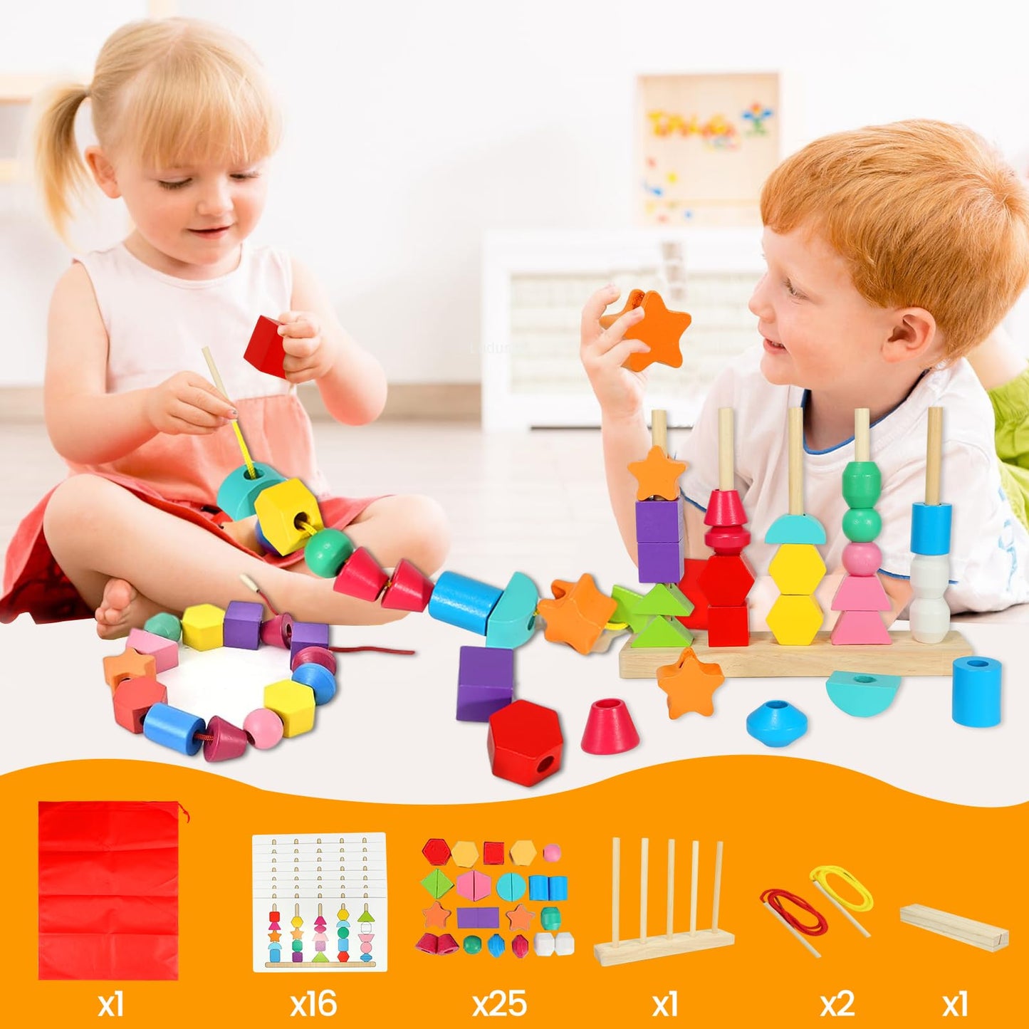 Aoumi Montessori Toys For 2 3 4 Year Old Wooden Shape Matching Game & Lacing Beads Preschool Learning Activities Fine Motor Skills Toys Sorting Stacking Toddler Toys Age 2-4 Boys Girls