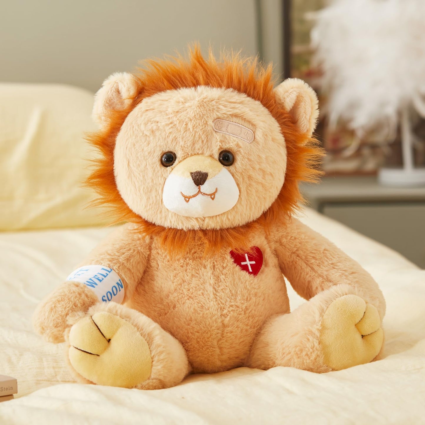 Houwsbaby 12 Get Well Soon Lion Stuffed Animal Brown Get Well Soon Lion Plush Toy Broken Arm Bandage Lion Plush for Kids Boys Girls mature-themed After Surgery Gifts