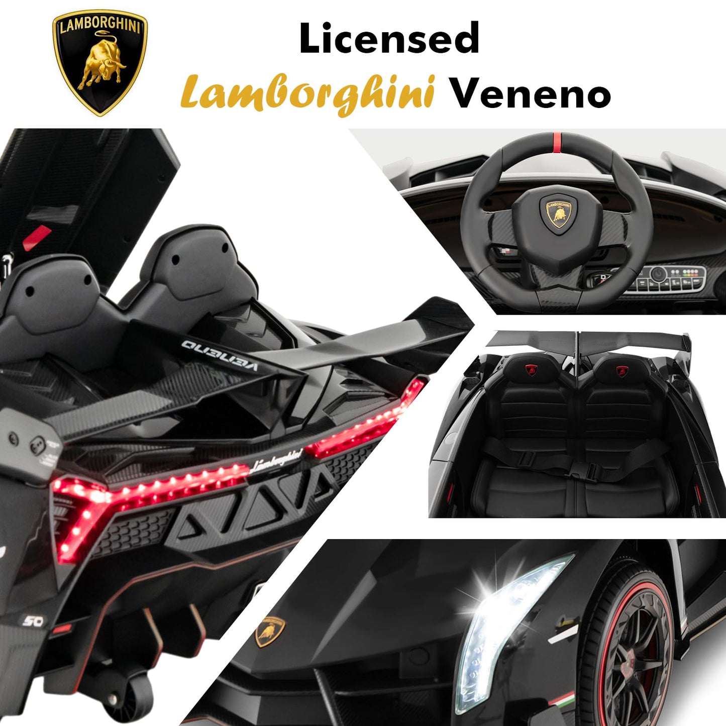 Olakids 2 Seater Kids Ride On Car, 12V 4WD Electric Lamborghini Veneno, Black, 44’’ x 24’’ x 18’’, Remote Control, Music