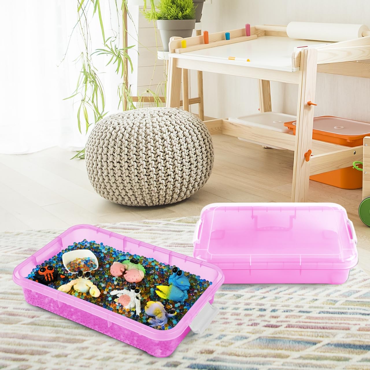 Madzee 15 Inch Portable Sensory Bin Play Tray With Lid, Fill With Water, Sand, Beads And More (Pink)