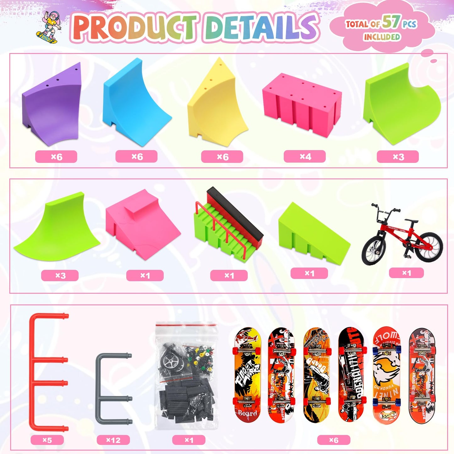 Momsiv Finger Skateboard Park Kit, 57Pcs Finger Skateboard Park Set With 6 Finger Skateboards For Kids 31 Ramps And 1*Bicycles, Large Finger Skateboard Park Training Gift Toy For Ages 6+