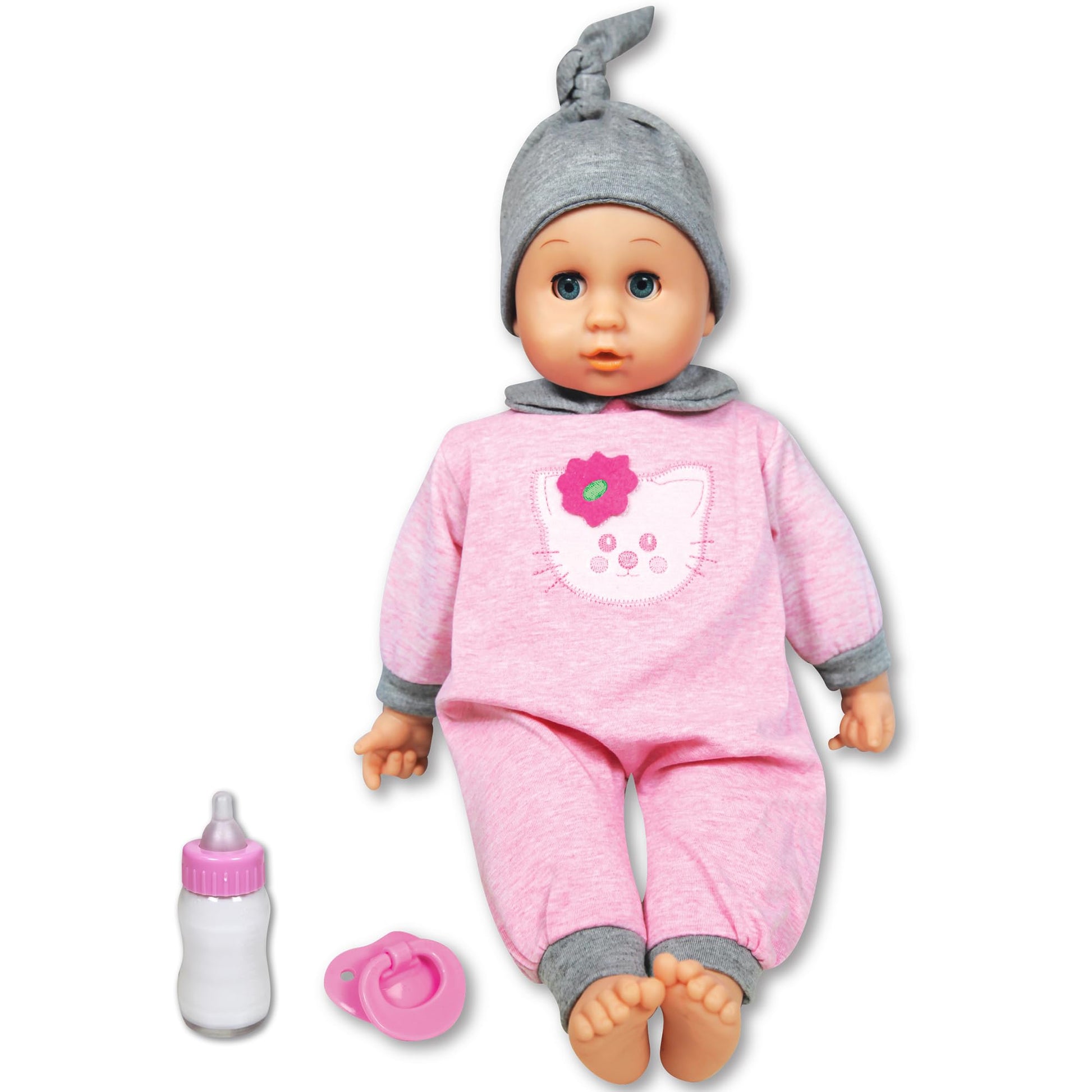 Lissi: 16 Blinking Eyes Baby Doll Cecilia - Pink-Pink- Kitty Outfit - Interactive, Sounds-Words-Expressions, Bottle & Pacifier A