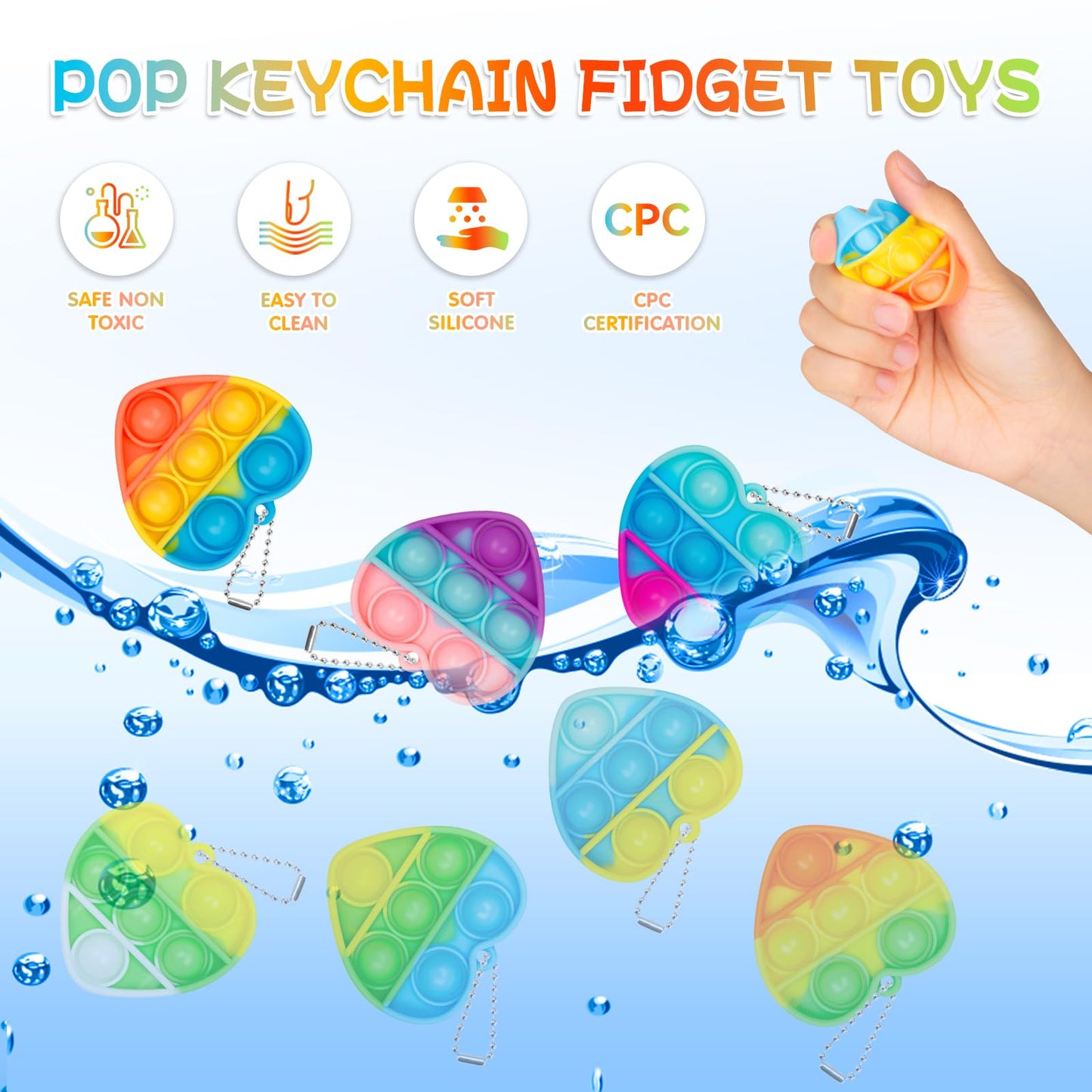 PICcircuit Pop Fidget Toys - 30 Pack Rainbow Silicone Keychains for Kids' Valentine's Day Classroom Party Favors