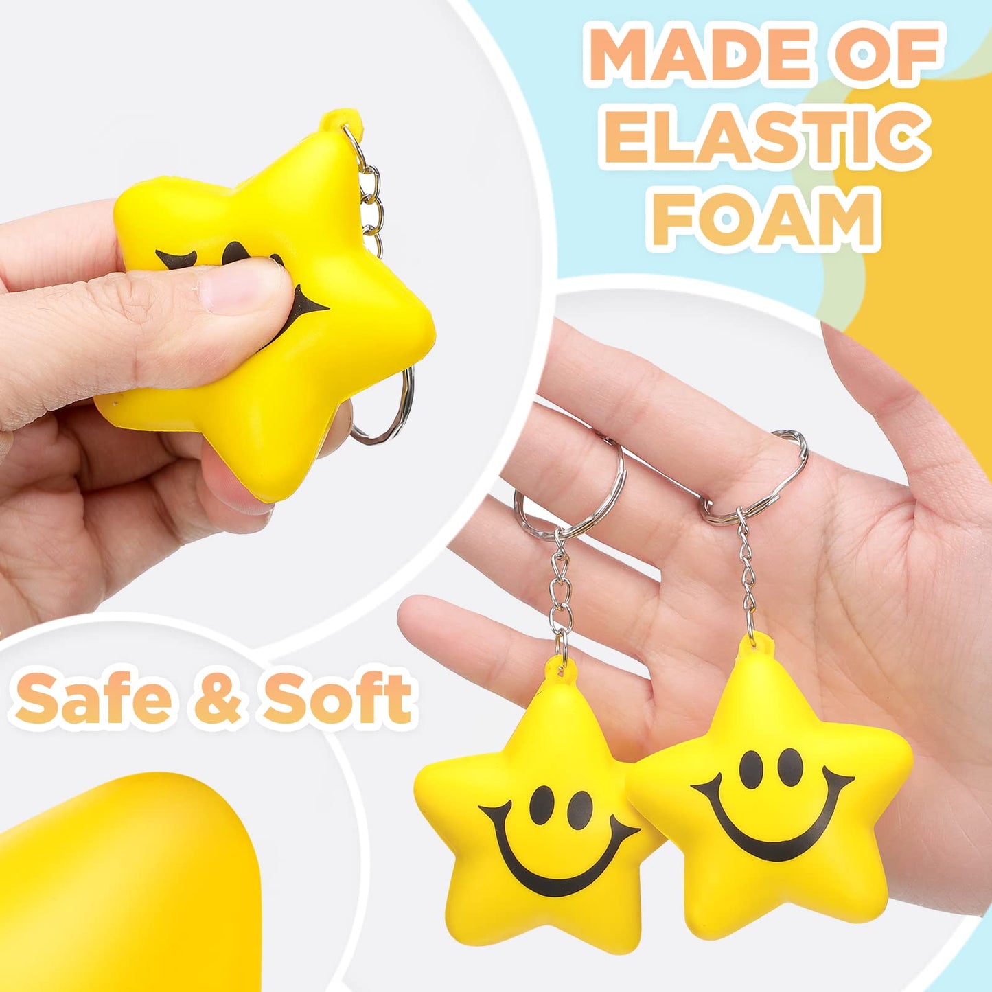 Vertintong 24 Pcs Star Stress Ball Keychains Smile Face Mini Foam Balls for Kids Valentine Classroom Exchange Gifts Adults Schoo