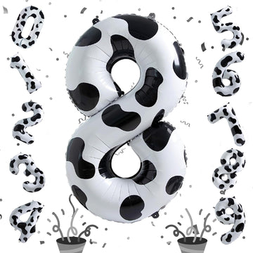 40 Inch Cow Print Number 8 Balloons, Large Foil 8Th Birthday Balloon Decorations For Girls, Self Inflating Number 8 For Boys Bir