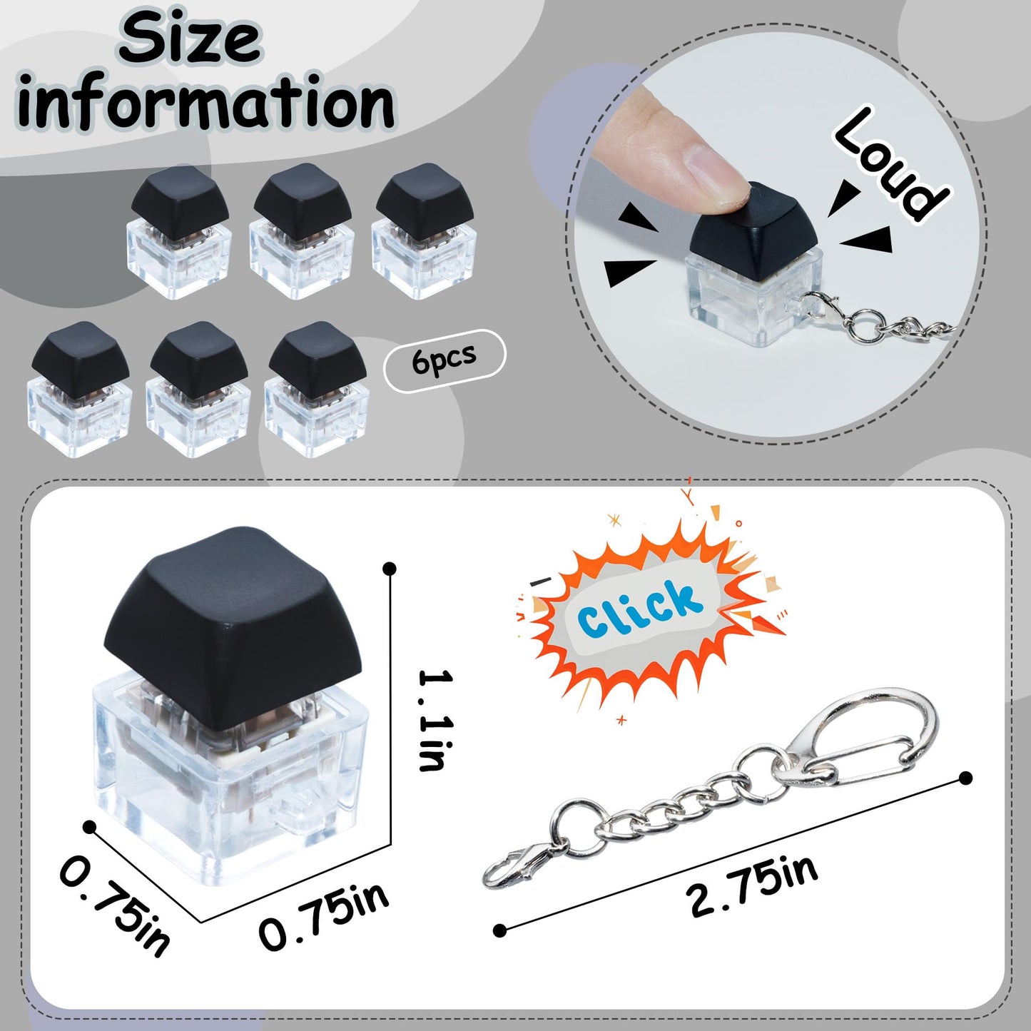 6 Pack Keyboard Fidget Toy  Keyboard Fidget Keychain Keyboard Decompression Button Finger Clicker Toys  Button Stress Relief Fidget Gifts for mature-themed to Relief Stress (Black)