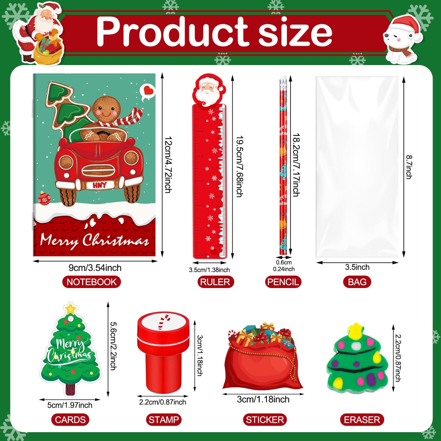 Zhanmai 350 Pcs Christmas School Stationery Gift Set for Kids Xmas Stationery Set for Stocking Stuffers 30 Pack with Notebook Pe
