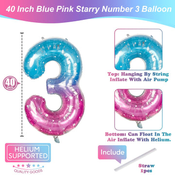 Large Blue Pink Starry 3 Balloons, 40 Inch Giant Mermaid Helium Mylar Foil Globos Numero For Girls, Self Inflating Rainbow 3Rd B
