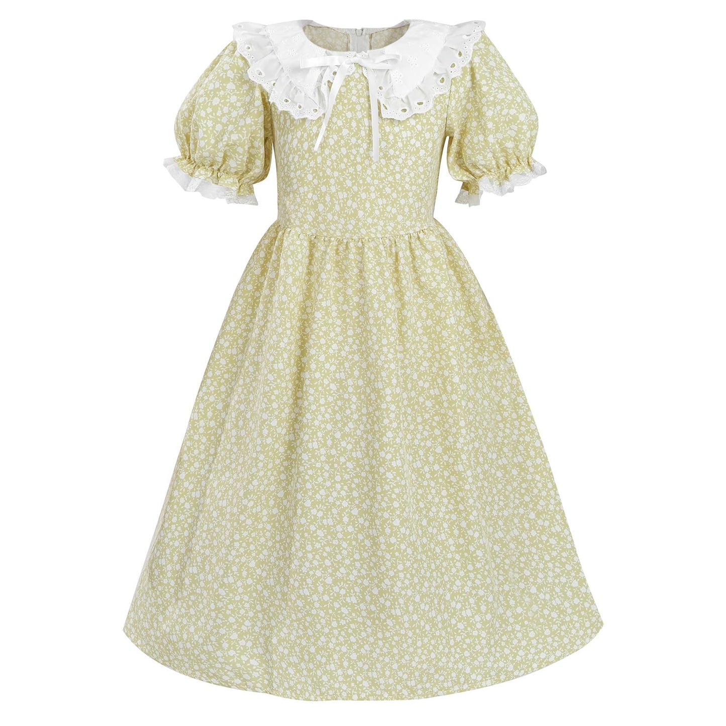 Ltakk Pioneer Dress Girls Colonial Costume Prairie Pilgrim Girl Dresses With Ruffled Pinafore, Olive Yellow, Large, Age Over 4 Y