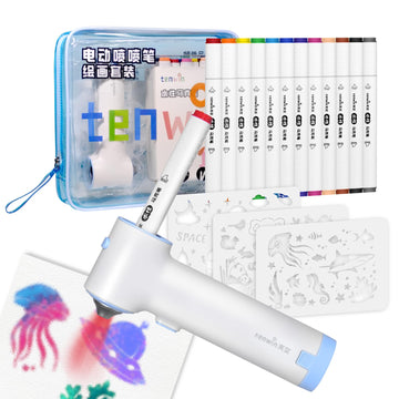 KuroShine Air Brush Marker Set for Kids Ages 6-12 | Safe, Spray Fun | 12 Washable Colors + 6 Reusable Stencils | Manual Air Pump