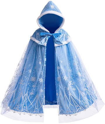 Purfeel Girls Elsa Hooded Princess Cape Halloween Snow Cloak Costume Toddler Girls Dress Up Cape 7-10Years