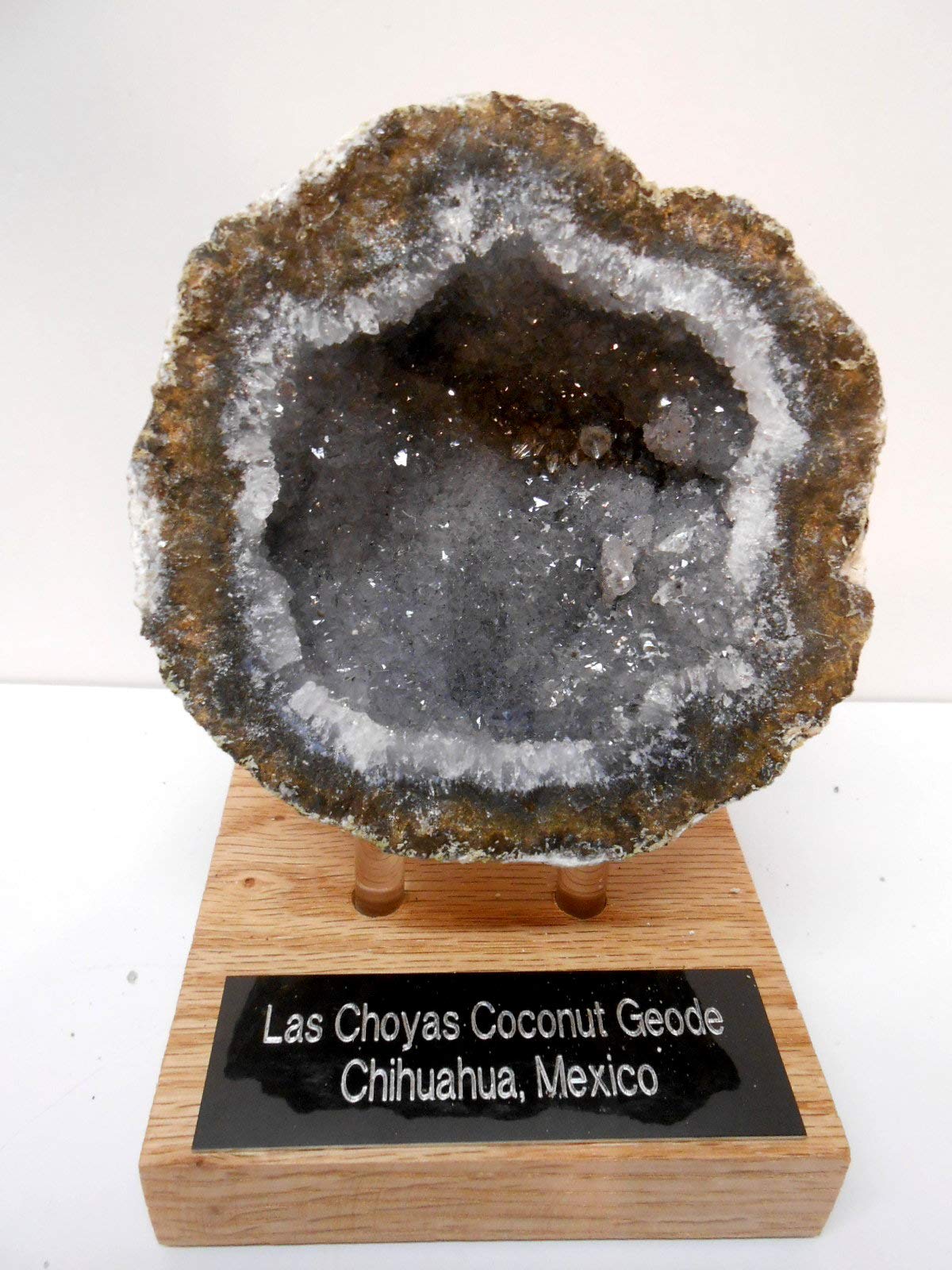 Genuine Huge Softball Sized Crystal Filled Los Choyas Geode Half on Free Custom Oak Stand