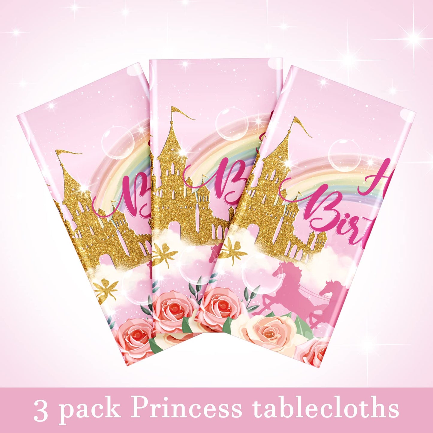 Oudain 3 Pack Princess Party Tablecloths Happy Birthday Princess Disposable Plastic Table Covers Unicorn Castle Rose Rectangular