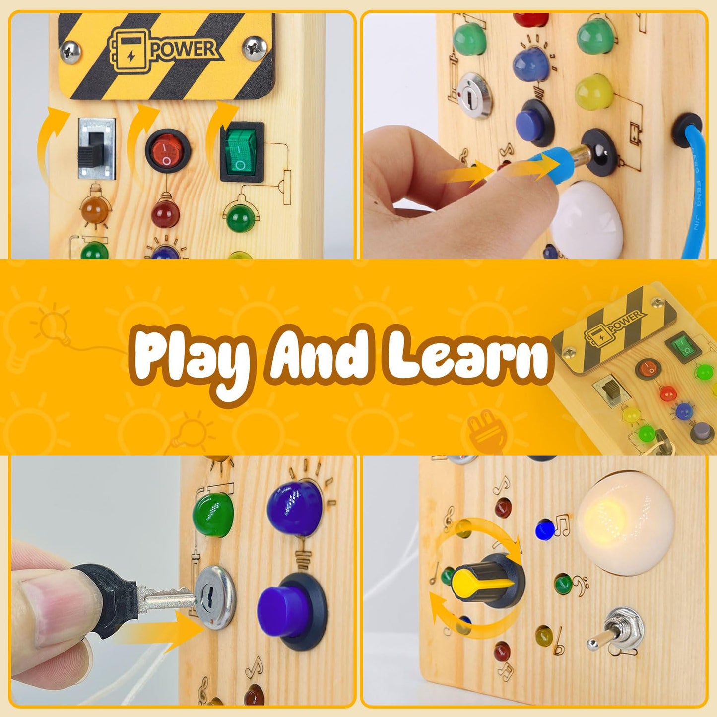 Hoarosall Montessori Wooden Busy Board - Sensory Light Switch Toy for 1+ Year Olds, Medium, Brown, Model CGS-BUSYBOARD-01