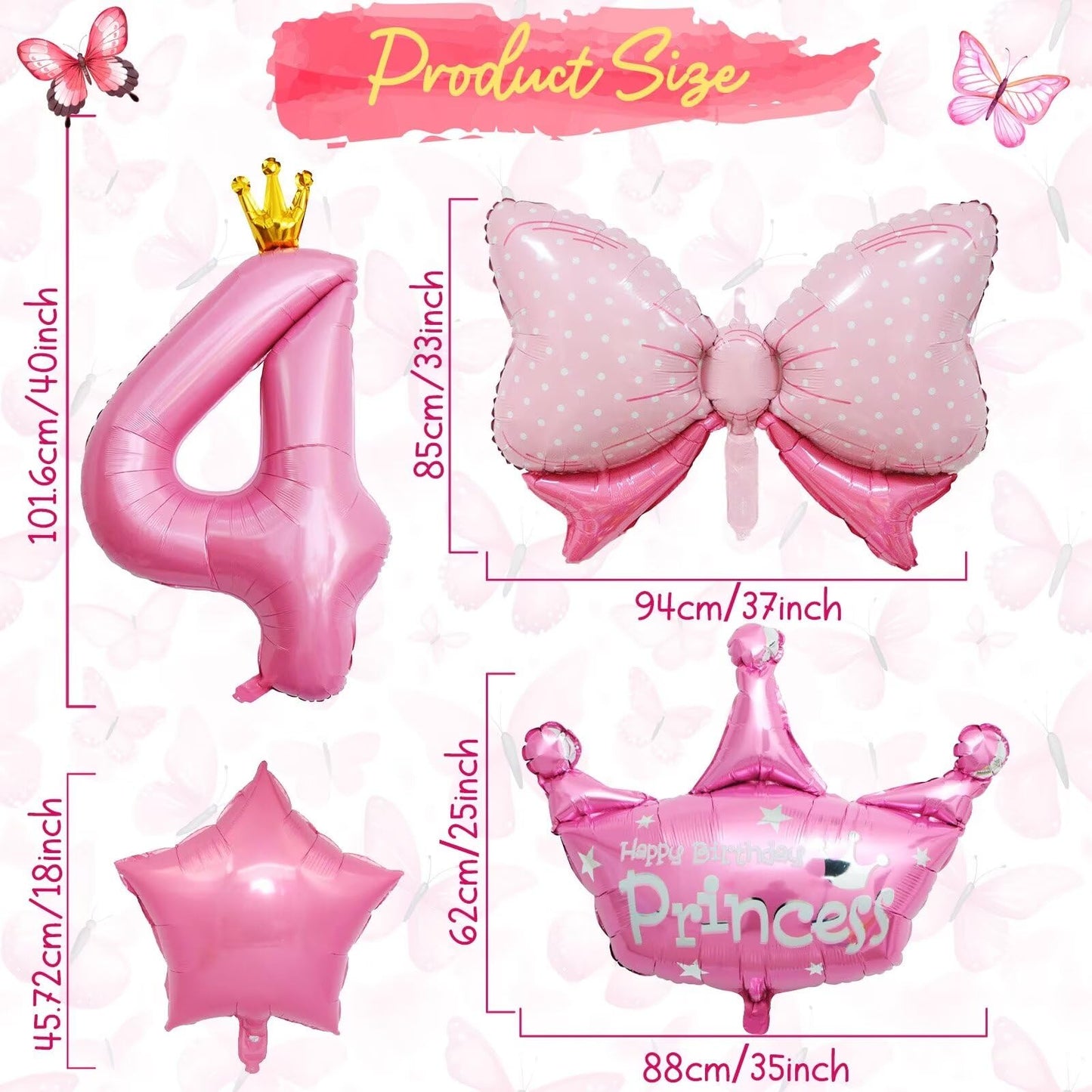 Pink 4Th Birthday Decorations, Pink 4Th Birthday Balloon Set With 40 Inch Pink Number 4, Large Helium Foil Mylar Princess Crown Balloon, Pink Bow Foil Balloons For Girls Birthday Party Decoration