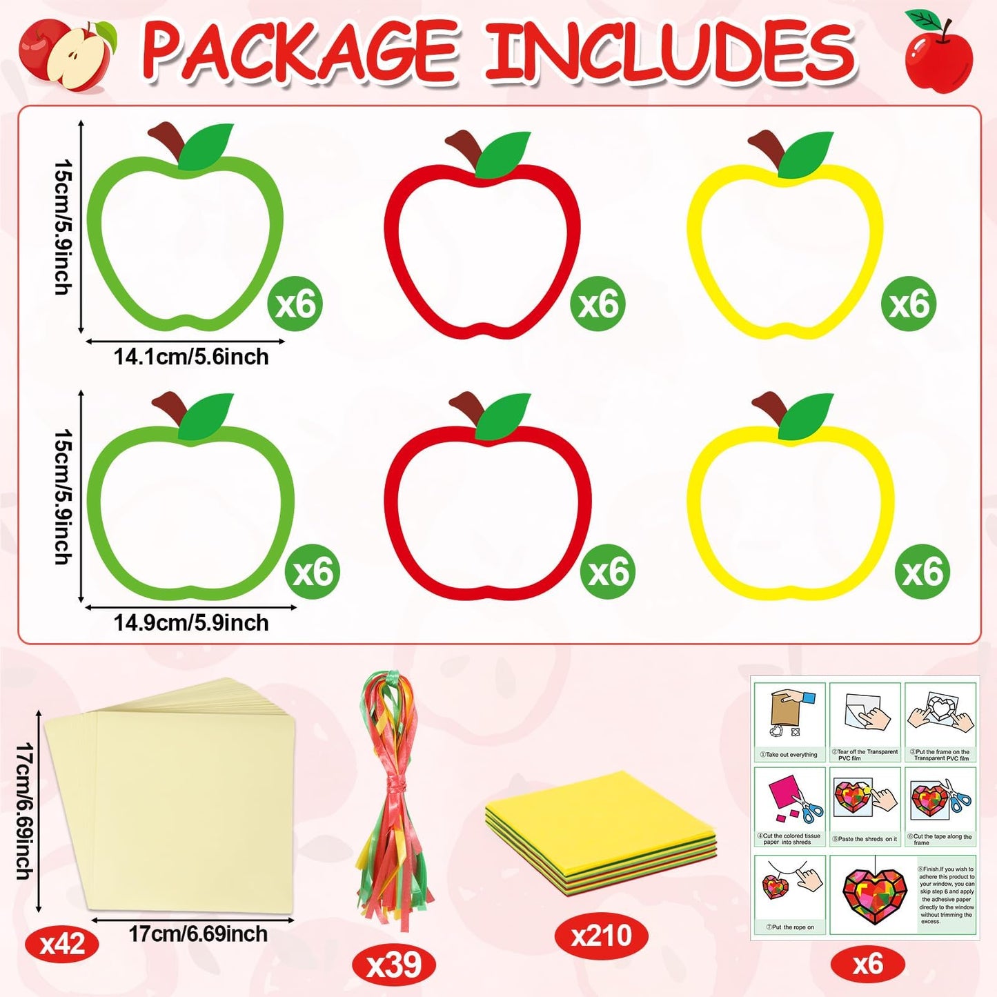 Qyeahkj 36 Set Thanksgiving Apple Suncatchers Crafts for Kids DIY Autumn Window Tissue Paper Craft Kit Hanging Decor for Classro