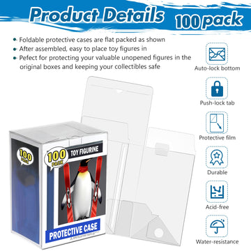 100 Pack Protectors Case Compatible With Funko- 4' Inch Pop Vinyl Figures, Crystal Clear Protectors, Heavy Duty Display Box W/ Protective Film & Locking Tab