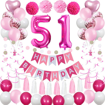 Sweet 51St Birthday Decorations For Women, Pink And White 51 Happy Birthday Balloons, 51St Birthday Party Supplies Including Pin